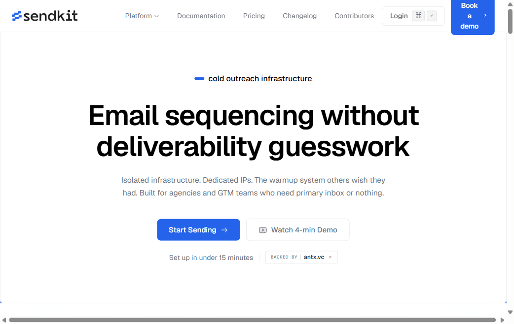 SendKit homepage advertising email infrastructure with dedicated IPs, isolated environments, and AI-powered warmup for agencies and GTM teams