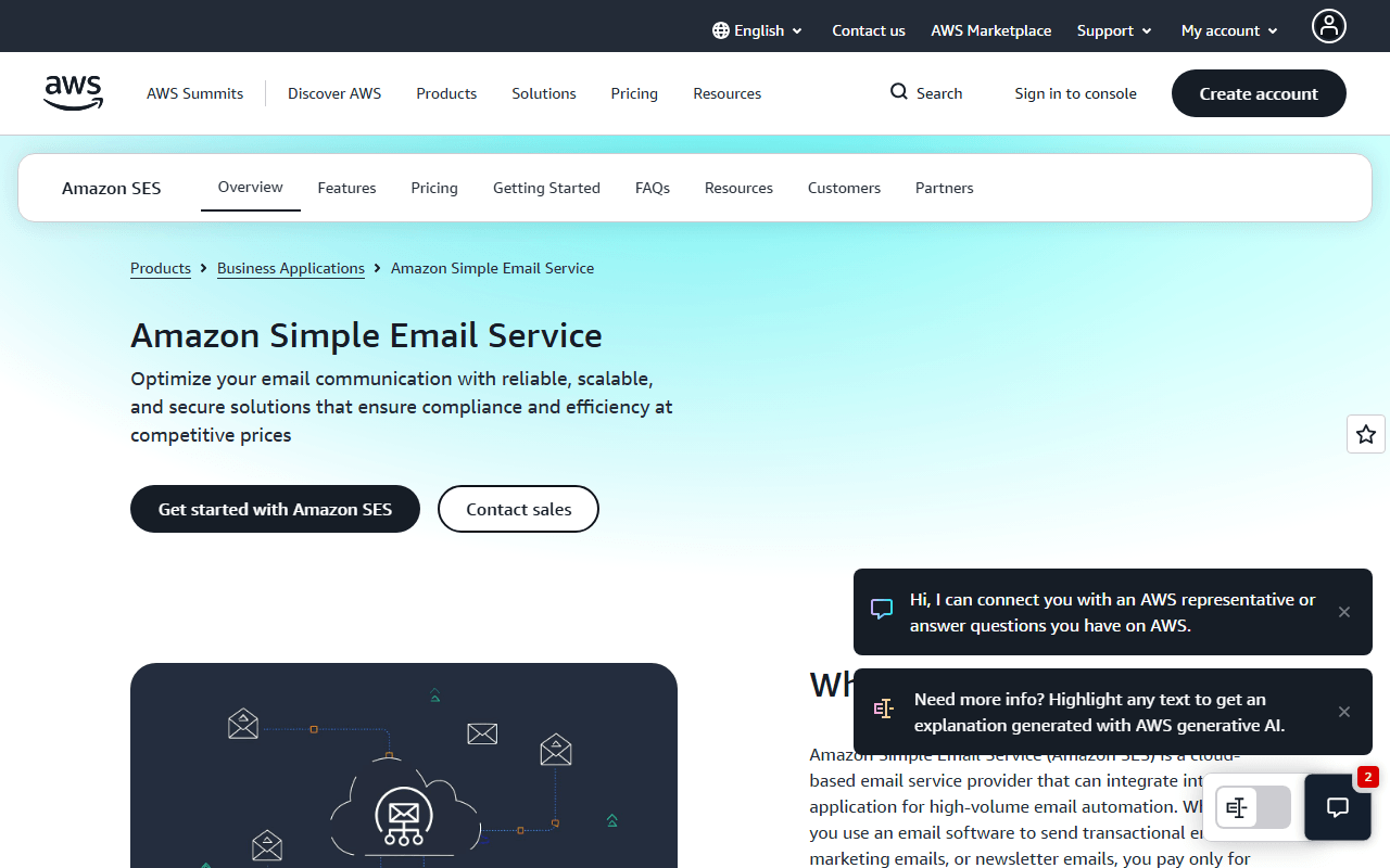 Amazon SES homepage