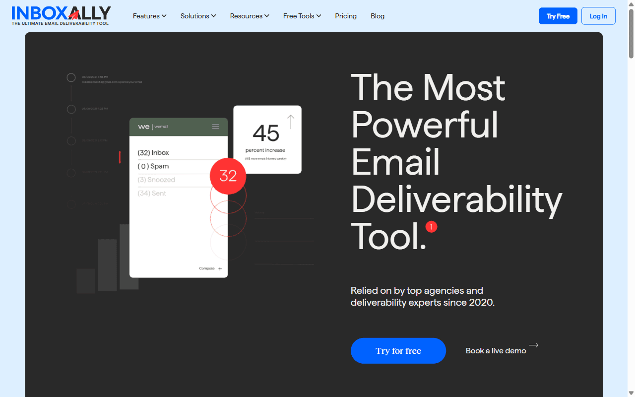 InboxAlly homepage showing its email deliverability and seed-list engagement tool